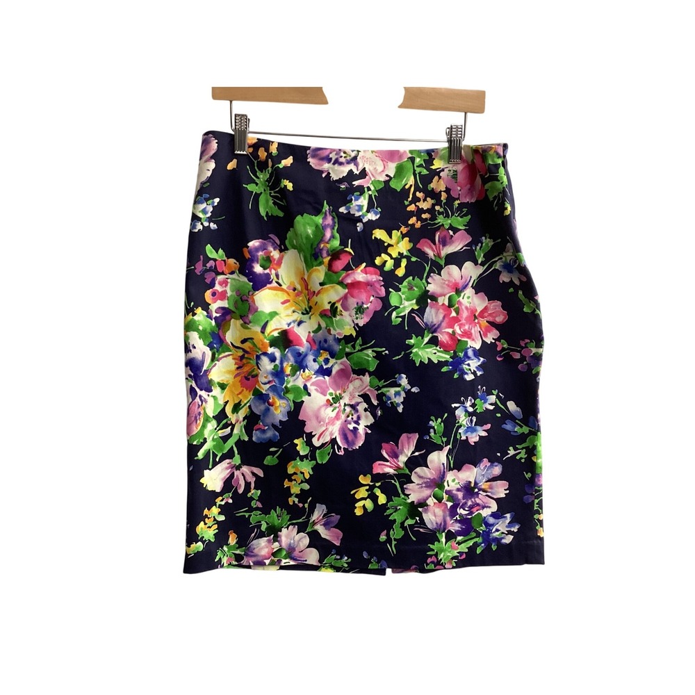 Lauren Ralph Lauren Floral Print Pencil Skirt Career Office Petite 12P Navy